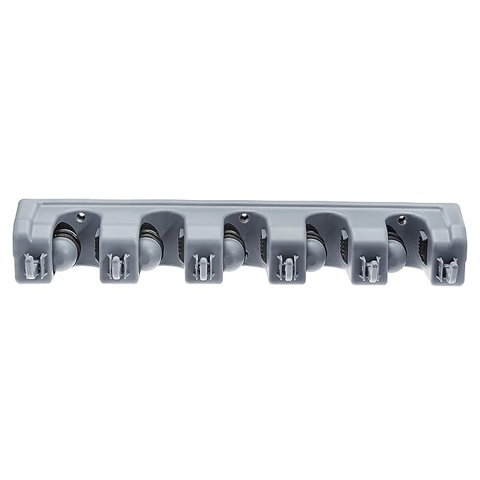 Amazon Basics Rectangular Heavy Duty, Wall Mount Storage Broom, Mop Holder or Tool Organizer with Hooks and Slots for Home, Garage, Garden, Laundry, or Kitchen, 2.36 x 16.9 x 3.35 in, Gray
