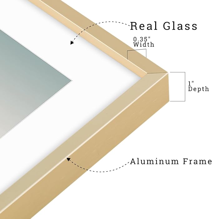 Frametory, 8x10 Metal Picture Frame with Mat for 5x7 Picture & Real Glass, Aluminum Photo Frame Collection (Gold, 2 Pack)