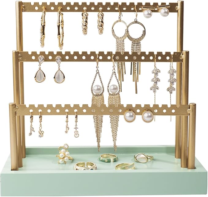 SANY DAYO HOME 3-Tier Earring Holder Organizer Stand, 105 Holes Gold Metal Earring Rack Jewelry Display Tree with Sage Green Wood Tray for Women and Girls