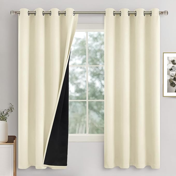 Cream Blackout Curtains for Bedroom 63 Inch Length 2 Panels Set, Thermal Insulated 100% Light Blocking Soundproof Grommet Window Curtains for Living Room with Black Liner, Each 52 Inch Wide