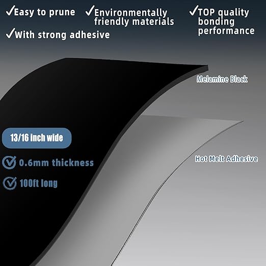 Melamine Edge Banding, 13/16 inch x 100ft roll of Veneer Black Edge Banding Pre-glued, Real Wood Tape Banding for Cabinet Repair Furniture Restoration