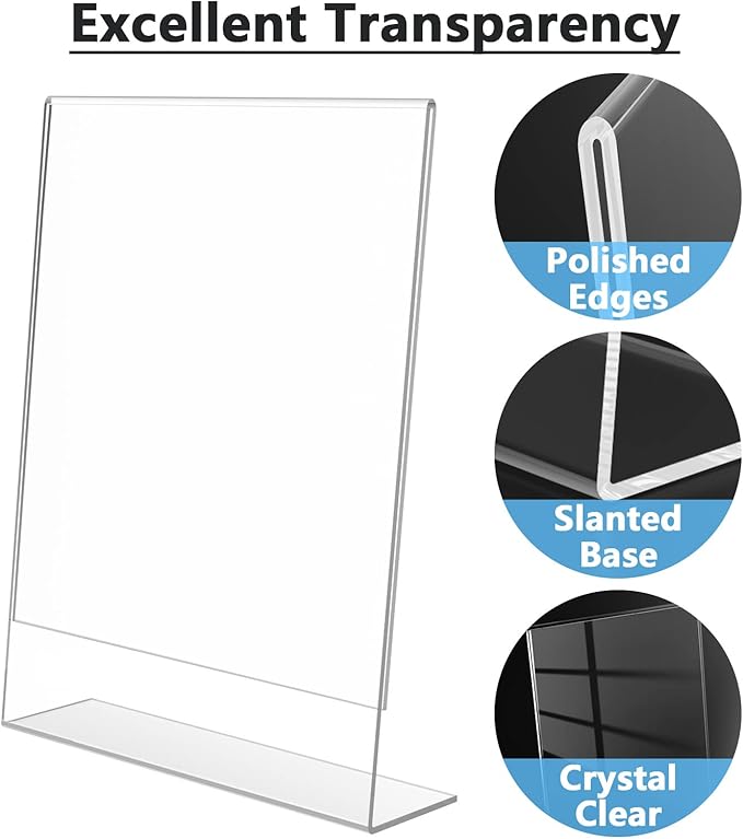 MaxGear Acrylic Sign Holder 8.5 X 11, Plastic Paper Holder With Vertical Slanted Back, Picture Photo Frames Display Stand Flyer and Document Organizer for Office Desktop Use,18 Pack