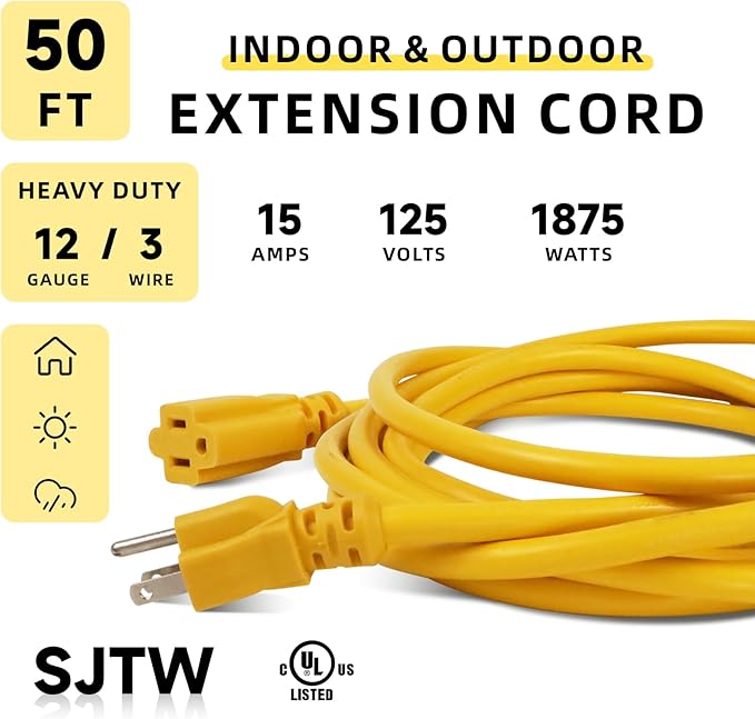 EP 50 Ft Outdoor Extension Cord, 12/3 SJTW Heavy Duty Extension Cable with 3 Prong Grounded Plug, 15 AMP Power Cord for Lawn, Garden, Appliances, Yellow