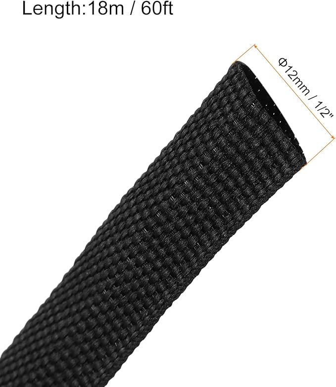MECCANIXITY Braided Cable Sleeves Heat Shrinkable Fabric Sleeving, 1/2" 60ft Black 2:1 Ratio Heat Shrinkable Cord Protector for Harness Cable, Network Cable Protection, Cable Management
