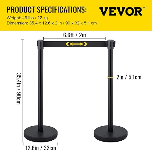 VEVOR Crowd Control Stanchion Set, Stanchion Set with 6.6 ft/2 m Black Retractable Belt, Black Crowd Control Barrier w/Concrete and Metal Base - Easy Connect Assembly (4)