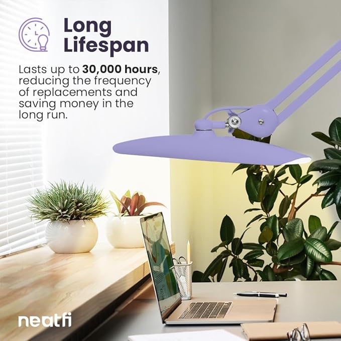 Neatfi XL 2,200 Lumens LED Task Lamp, 20W, 182 Pcs SMD LED, Dimmable, 4 Level Brightness, 3 Light Modes, Desk Light for Home, Office, Workbench (CCT, Lavender)