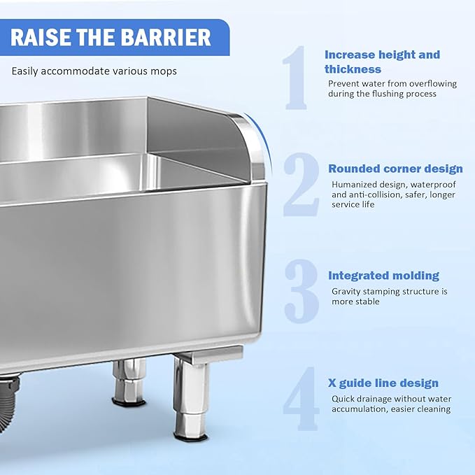 Commercial Floor Mop Sink，Stainless Steel Mop Service Basin，Mop Cleaning Sink，Vertical industrial sewage tank for balconies, laundry rooms, industries, etc（23.6”×16.1”×21.6”)