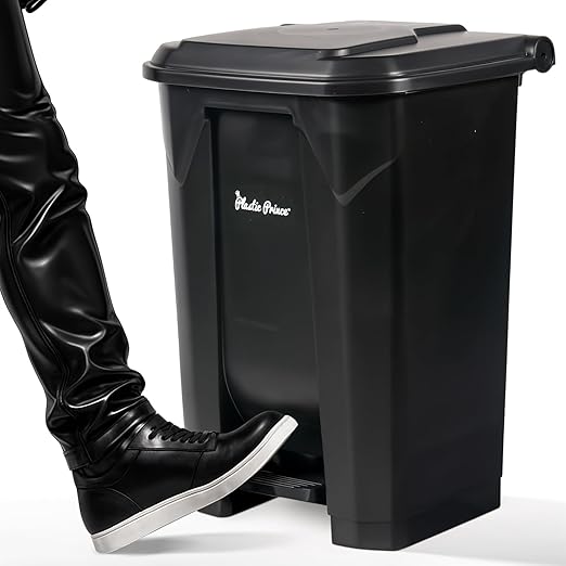22 Gallon Step-On Trash Can/Container, Black Plastic Dustbin with Lid and Foot Pedal, Hands-Free Disposal