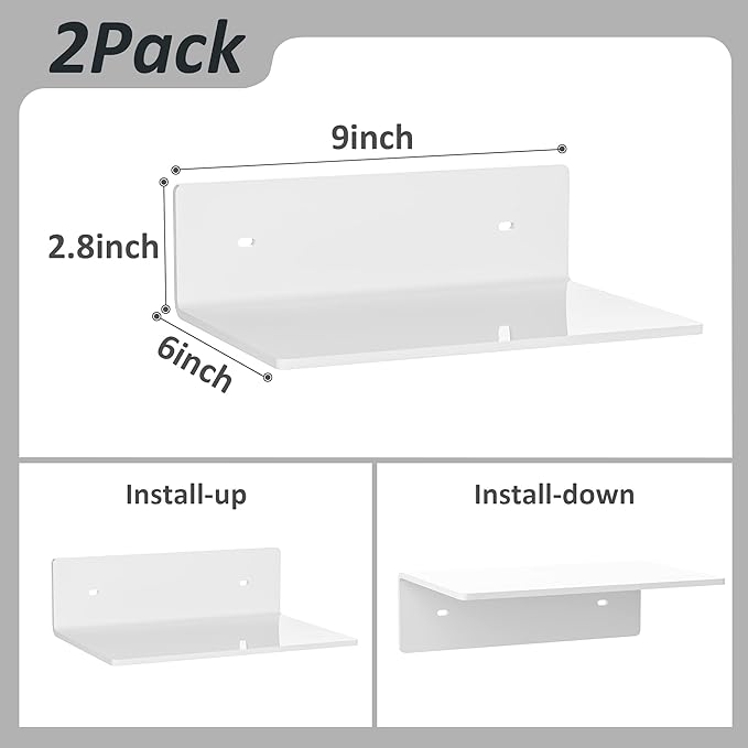 9 Inches Acrylic Wall Shelves 2 Pack, Floating Shelf for Wall Mounting, Acrylic Display Ledges for Funko Pop Figures, Home Décor, Living Room, Gaming Room, Plants(9 inch, White)