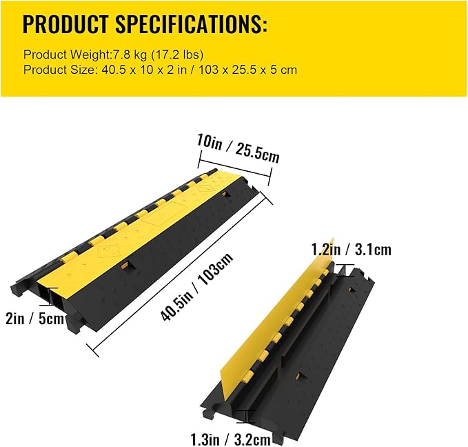 VEVOR 5 Pack Rubber Cable Protector Ramp 2 Channel Heavy Duty 66,000 lbs Load Capacity Cable Wire Cord Cover Ramp Speed Bump Driveway Hose Cable Ramp Protective Cover (2-Channel, 5 Pack-66,000 lbs)