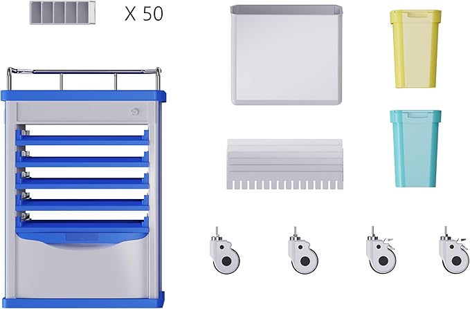 Medication Bins Cart with 200 Bins, 10 Drawers, Hidden Sub Workbench - Dual-Sided Open, 50 Medicine Boxes, Silent Casters, Container, 2 Trash Bin-Medical Crash Cart for Clinic, Hospital and Lab