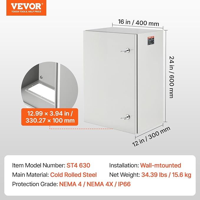 VEVOR Steel Electrical Enclosure Box, 24'' x 16'' x 12'', IP65 Weatherproof Carbon Steel Hinged Junction Box with Mounting Plate