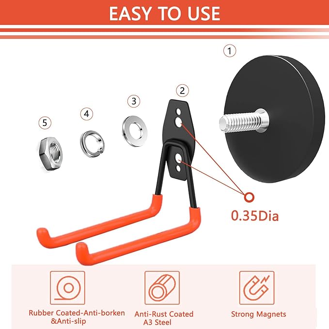Heavy Duty Large Magnetic Hooks, 2 Pack Strong Magnet Hooks for Power Drill,Garden Tools,Hose,Straps,Steel Pegboard,Workshop,Anti-Scratch Magnetic Garage Hooks,Magnetic Cable Holder