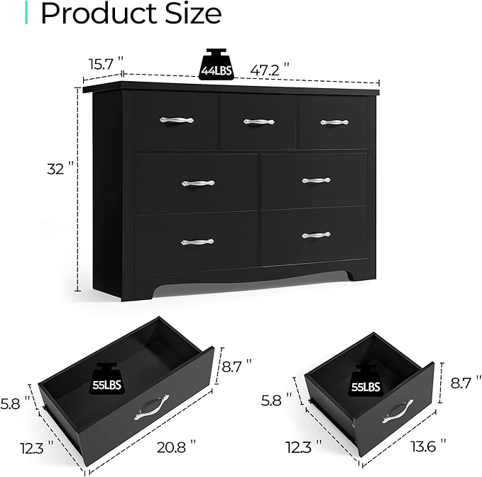 LINSY HOME 7 Drawers Dresser for Bedroom, Wood Bedroom Dressers Modern Drawer Chest, 7 Chest of Drawer, Tall Dresser for Closet, Dressers Organizer for Living Room, Closet, Hallway