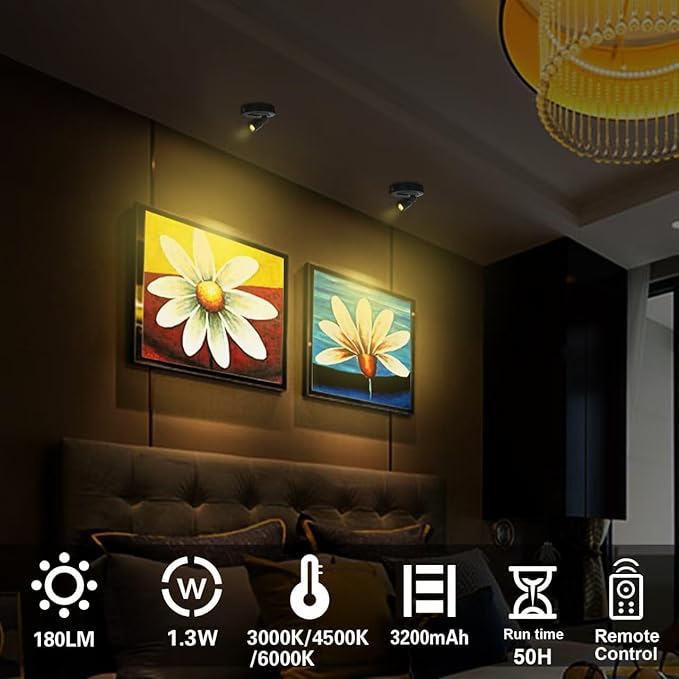 Rechargeable LED Spotlight, 3 Lighting Modes Indoor Spotlights, Battery Powered Spot Lights with Remote, Up Light for Plants, Timer Dimmable Picture Light for Wall Artwork-Black