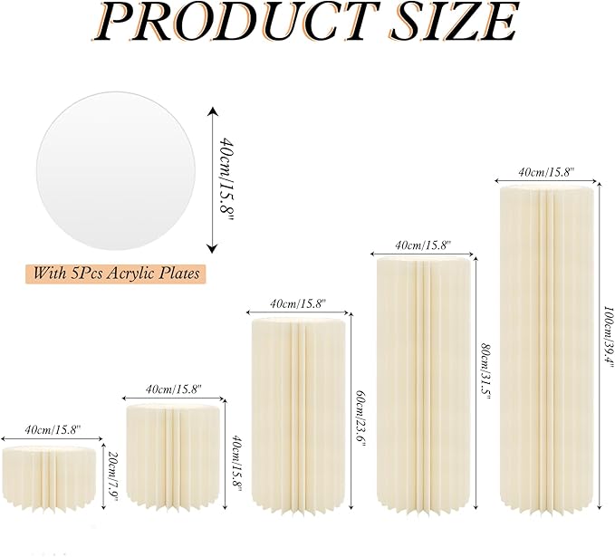 magalo Cylinder Stands for Party 5PCS Foldable Cardboard Columns Round Display Pedestal Stand Cylinder Tables for Wedding Birthday Baby Shower Dessert Cake Decoration-Cream White