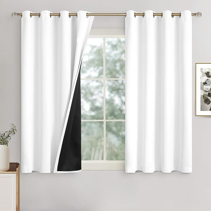 Short Blackout Curtains for Bedroom 45 Inch Length 2 Panels Set, Thermal Insulated Sun Blocking Soundproof Grommet Window Curtains with Thick Black Liner, Each 52 Inch Wide, Pure White