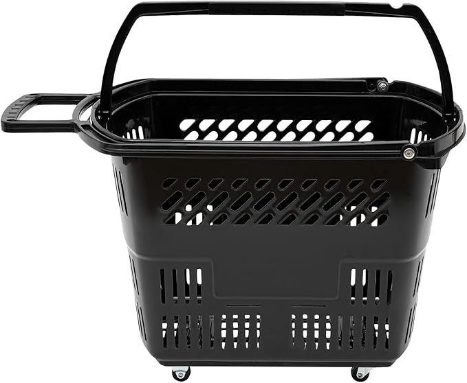12PCS Plastic Shopping Basket with Handles & Wheels, 35L Rolling Shopping Carts, Grocery Basket with 4 Wheels and Handle, Portable Shopping Basket for Retail Stores, Supermarkets (12PCS - Black)