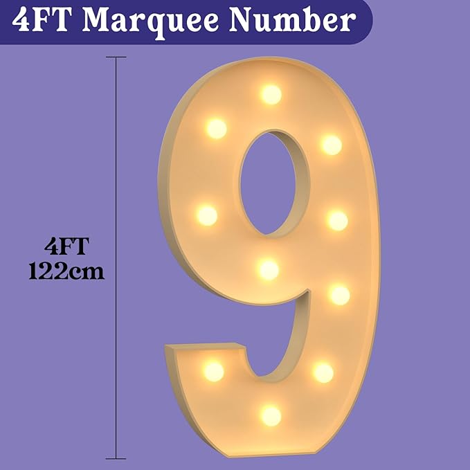 4FT Light Up Numbers, Large Marquee Numbers for 9th 19th 49th Birthday Decorations, Giant Light Up Numbers for Party Anniversary, Marquee Letters, Pre-Cut DIY Mosaic Numbers for Balloons 9
