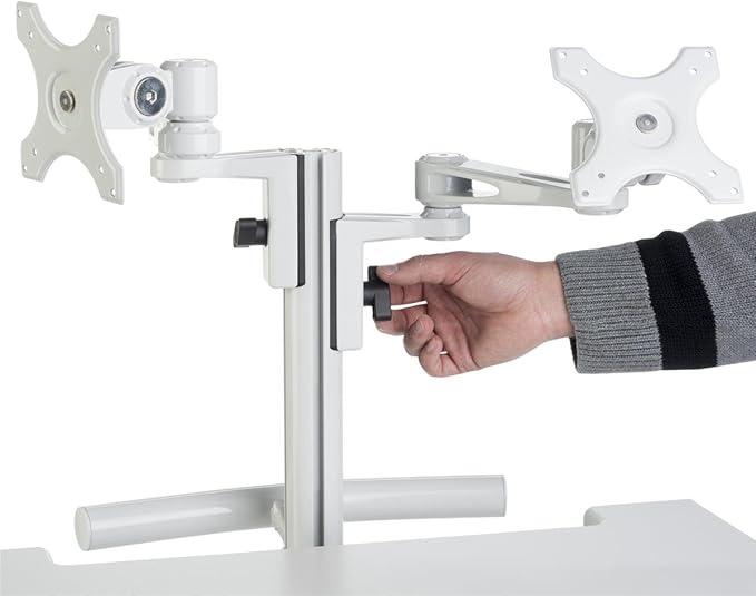 Displays2go Mobile Medical Cart with 2 Monitor Holders, Height Adjustable, Pullout Tray, Steel, Plastic, MDF – Gray (DWMDC2M)