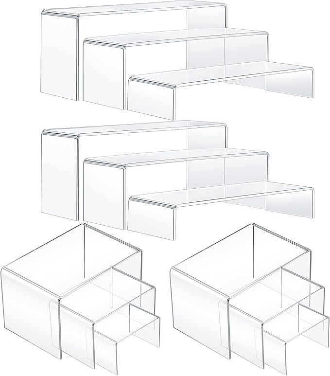 4 Set Acrylic Display Risers - Medium & Large Display Stand Shelf for Organizing Cupcake, Figure, Jewelry & Collectibles (Clear)