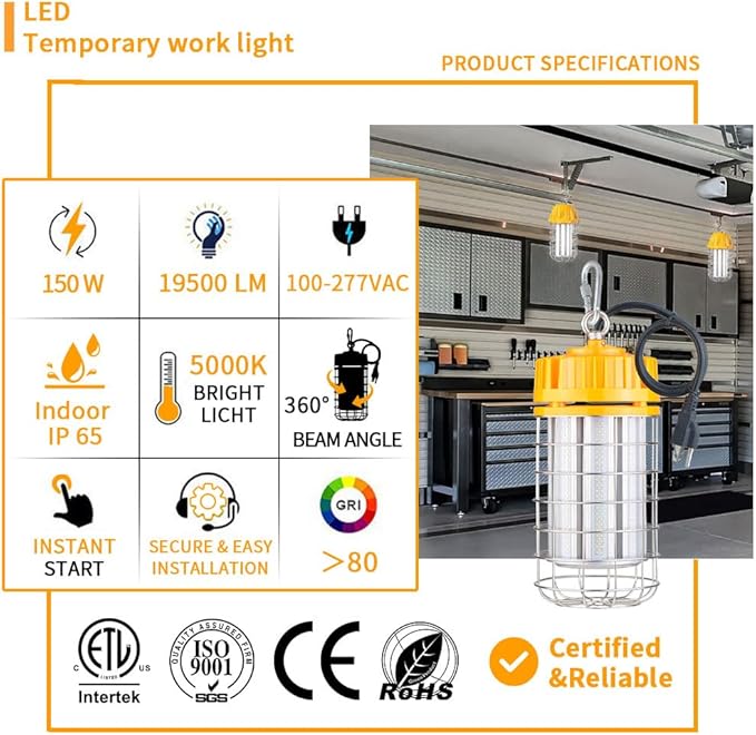 150W LED Temporary Work Light, 19500LM 5000K Daylight Hanging Construction Lights, 100-277VAC, IP67 Waterproof Portable Linkable Job Site Lighting with Hook for Workshop Area Lighting
