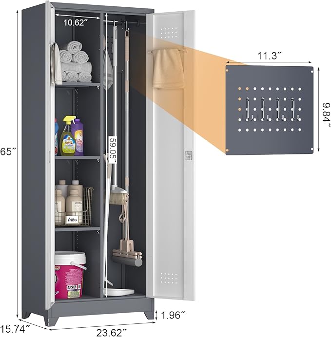GREATMEET 65" H Broom Closet, Broom Closet Cabinet with Pegboard and Hanging Rod, Cleaning Tool Storage Cabinet, Tall Metal Utility Closets with Locking Doors for Bathroom, Garage