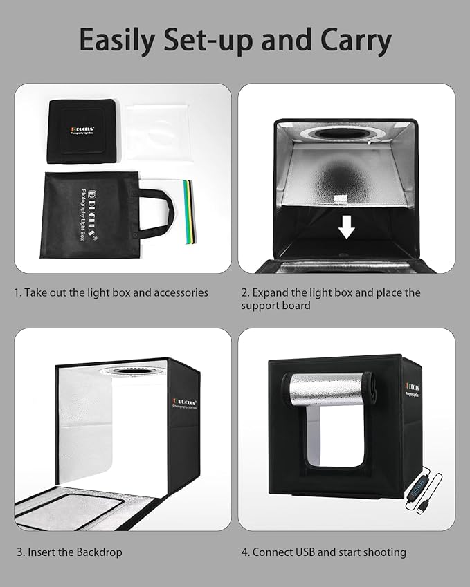 DUCLUS Light Box Photography, Portable Photo Studio Booth Box, 10" x 10" Professional Mini Shooting Tents with 104 LED Lights Dimmable, 6 Backdrops for Small Product: Jewelry, Miniature Models etc.