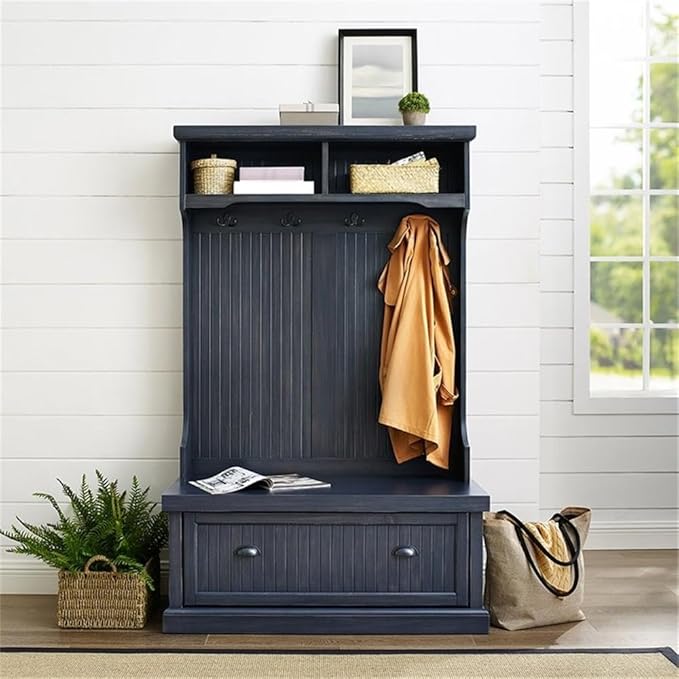 Pemberly Row Modern Wood 4 Hook Hall Tree in Distressed Navy