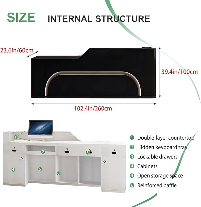 Modern Reception Desk with Counter Front Reception Table with Hidden LED Lighting Commercial Receptionist Desk Black Checkout Counter Fully Assembled and Ready to Use 102inch/260cm