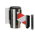 Montour Line WM115 Wall Mounted Retractable Belt Barrier with Standard Belt End, Fixed Mount, Polished Stainless Steel Casing (13 ft Red and White Diagonal Belt)