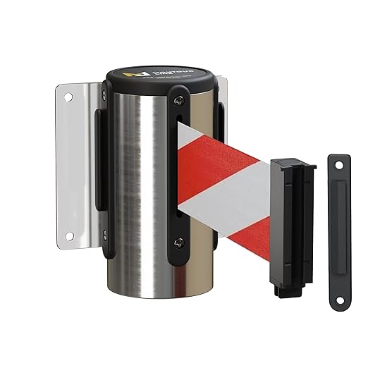 Montour Line WM115 Wall Mounted Retractable Belt Barrier with Standard Belt End, Fixed Mount, Polished Stainless Steel Casing (13 ft Red and White Diagonal Belt)