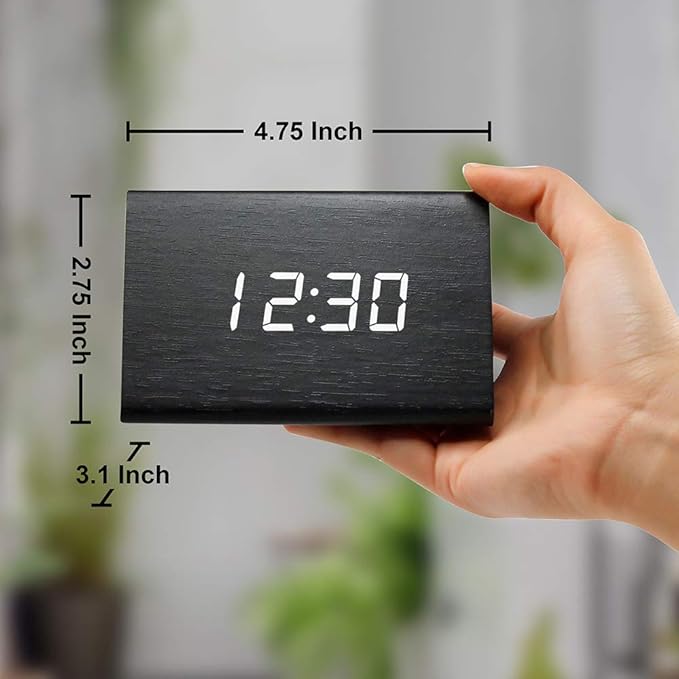 GEARONIC Digital Alarm Clock Wooden Alarm Clock Wood Modern Triangle Alarm Digital Desk Clock, Displays Time Date Temperature Calendar Wood Made Electric Clocks for Bedroom, Bedside - Black