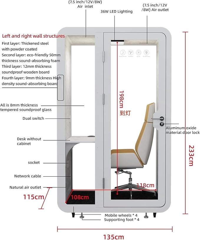 GEARONIC Mobile Office Pod Booth, Sound Proof Booth for Home, Mobile Roller with Desk, LED Light, Fans and AC USB Ports (Black Obsidian)