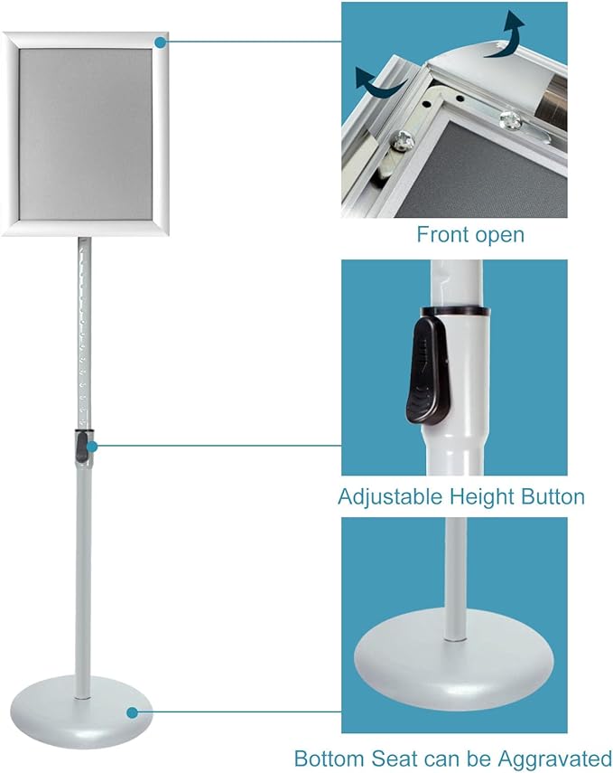 Adjustable Poster Sign Stand with Heavy Duty Base Sign Holder Aluminum Snap Open Frame for 8.5 x 11 inches Both Vertical and Horizontal View Displayed Used for Living and Business(Silver-2pack）