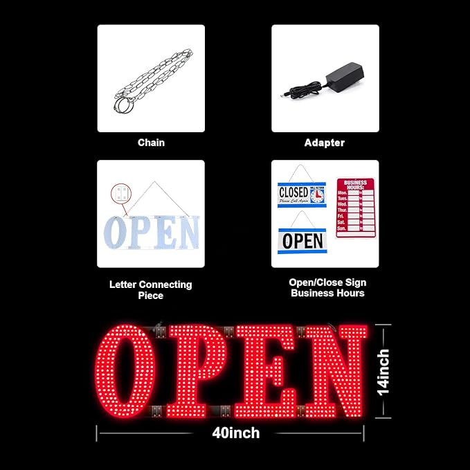 40"x14" Large LED Open Signs for Business Super Bright Unique Design Red Open Sign with Hanging Installation for Window Stores Bar Hotel Retail Shops Salon Restaurant Office