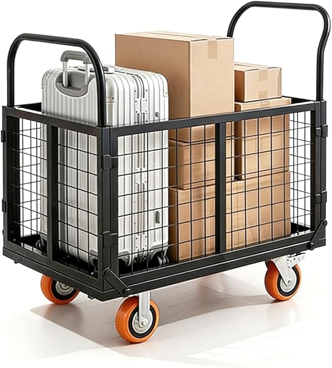 6-in-1 Platform Truck Cart with Cage, Foldable Hand Truck Load 1800 LBS with 4 Wheels Push Cart Dolly for Grocery, Laundry, Garage, Warehouse (Black+Orange)