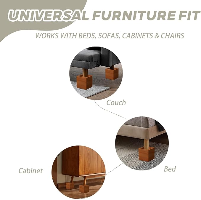 4-Inch Solid Pine Furniture Risers – 2000LBS Capacity, Tool-Free Install, Natural Wood Design for Beds, Sofas & Desks (4 Inch)