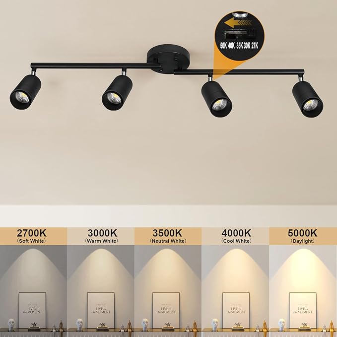 5Color LED Track Lighting Kit 4 Lights Dimmable 48W Track Light,Zoomable15°/24°/36°/45°/60°-2700K/3000K/3500K4000K/5000K,Track Lighting for Accent Task Kitchen,Lumen 4800 (Black)