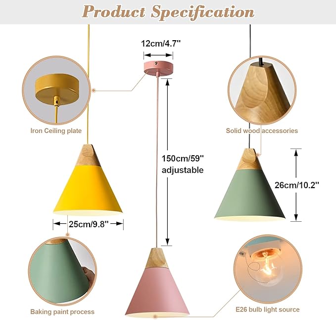 KCO Lighting Modern Cone Pendant Light 3-Pack Nordic Macaron Pendant Light Minimalist Adjustable Hanging Light Ceiling Mount Kitchen Island Pendant Lighting (Small)