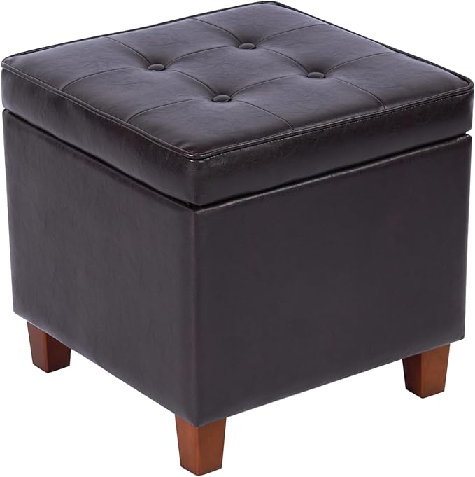 HomePop Leatherette Tufted Square Storage Ottoman with Hinged Lid, Brown Small