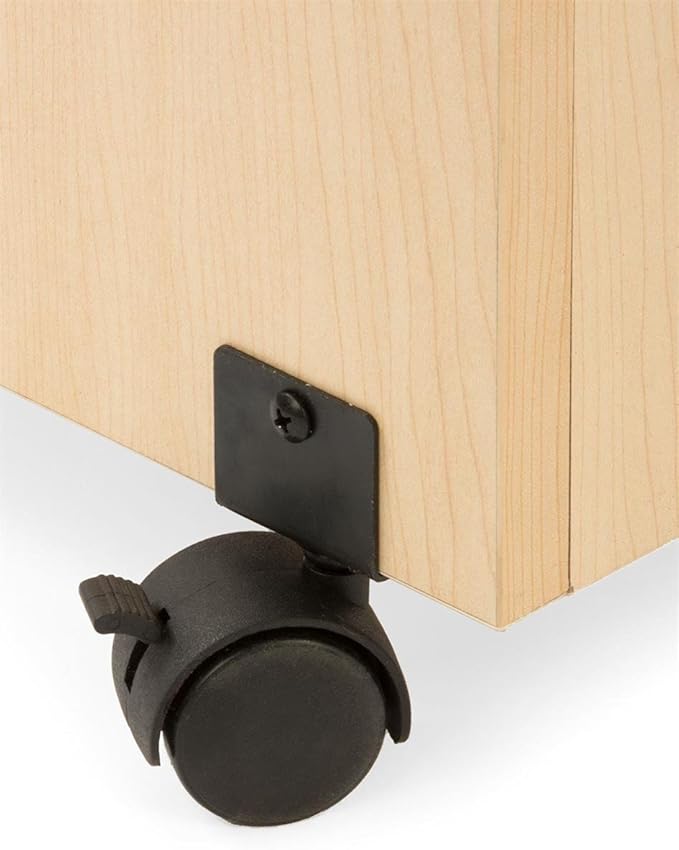 Rolling Wood Podium, 44"H, Locking Wheels, 2 Shelf Open Cabinet, Top Surface with Lip (Maple)