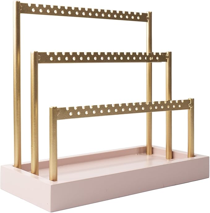 SANY DAYO HOME 3-Tier Earring Holder Organizer Stand, 105 Holes Gold Metal Earring Rack Jewelry Display Tree with Pink Wood Tray for Women and Girls