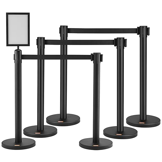 VEVOR Crowd Control Stanchions, 6-Pack Crowd Control Barriers, Carbon Steel Baking Painted Stanchion Queue Post with Sign Holder & 3PCS 6.5FT Retractable Belt, Belt Barrier Line Divider, Easy Assembly