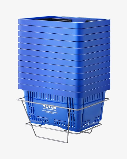VEVOR 12 PCS Shopping Basket, 16.73 x 11.61 x 8.86 inch Durable Plastic Grocery Basket with Stand & Handle, 24L Portable Shop Basket Bulk, Idea for Retail Store Supermarket Grocery Shopping, Blue