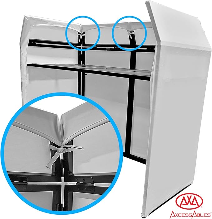 AxcessAbles DJ BOOTH XL 58" wide x 29" deep DJ Facade Table | Portable Extra Wide DJ Table Booth with Black and White Scrims, Carry Cases | Large DJ Controller Stand | Music Mixer Stand