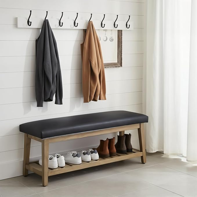 Entryway Bench, PU Leather Upholstered Shoe Benches for Bedroom, Ottoman Bench with Solid Wood Shelf, Storage Bench for Hallway, Living Room(Black)