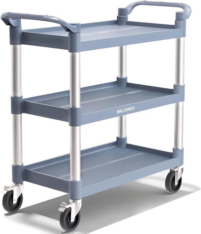 Plastic Utility Carts with Wheels, 3-Tier Medium Size Restaurant Food Cart, Heavy Duty 510lbs Capacity Rolling Service Cart w/Hammer for Commercial, Kitchen, Office (Lockable Wheels, M-Grey)