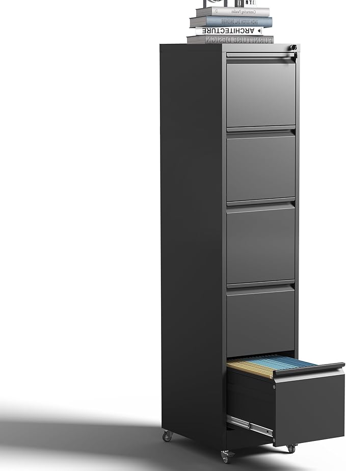 5 Drawer Rolling File Cabinet with Lock, Metal Filing Cabinets on Wheels, Vertical Steel Office Drawers Storage for Hanging Legal/Letter Folders, Require Assembly (Black)