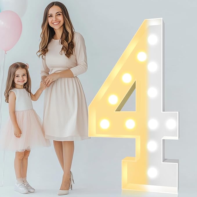 Pooqla 4 FT Light Up Marquee Numbers, Giant Mosaic Light Up Numbers Cool White and Warm White LED, Large Lighted Marquee Numbers for Balloons 4th 14th 40th Birthday Party Decoration, LED Number 4